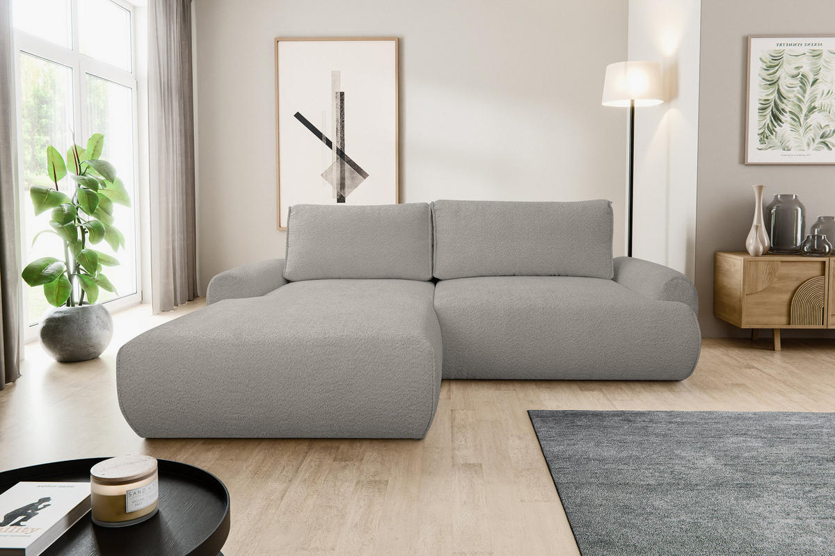 ECKSOFA Moon in L-Form mit Schlaffunktion und Bettkasten, Farbe: Grau, Bouclé-Stoff, Ottomane Links - Grau, Textil (136/260cm) - VENASI MÖBEL