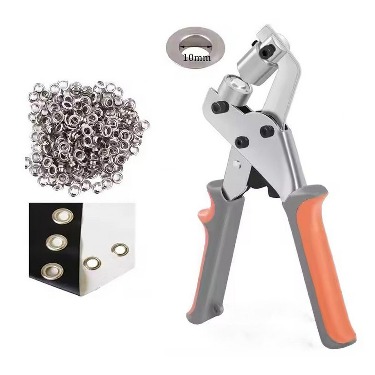ÖSENZANGE – Inklusive 300 Metallösen (10 mm Durchmesser) – Geeignet für Stoff, Segeltuch und Leder - Grau, Metall (10/7/22cm) - DCA
