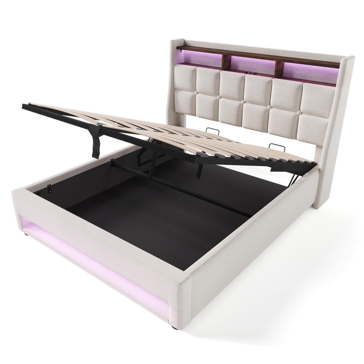 BETT mit Stauraum und USB 140x200 cm Leinen Beige - Beige, Metall (140/200cm) - Meubliv