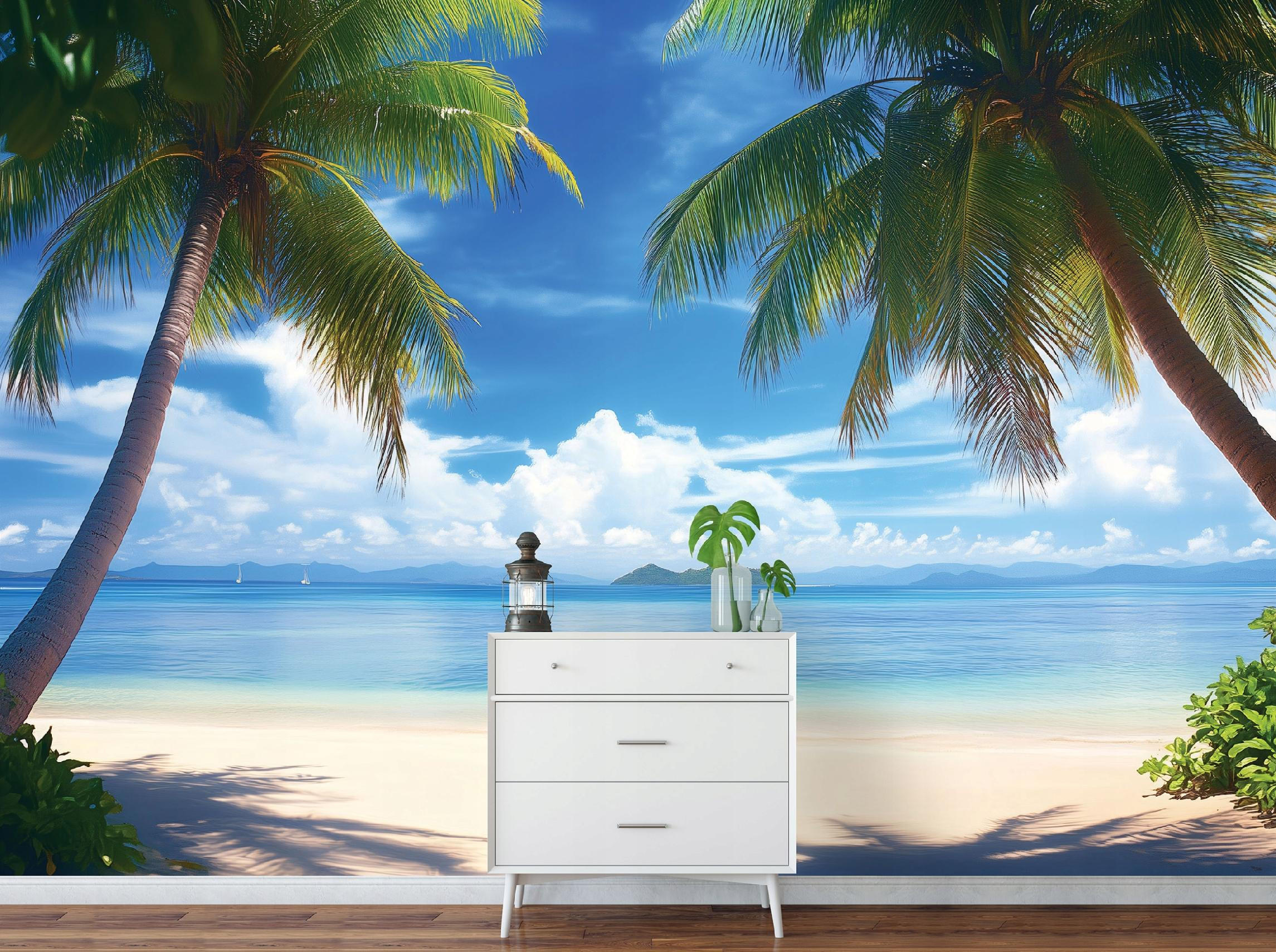 FOTOTAPETE 3D Effekt Strand Meer Palmen Hawaii 350x250 - Multicolor, Papier (350/250cm) - Wallarena