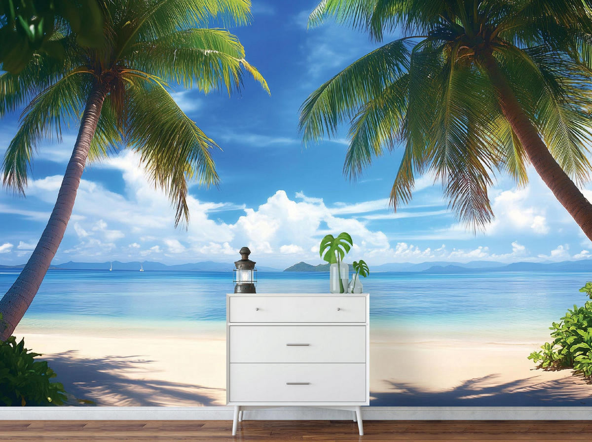 FOTOTAPETE 3D Effekt Strand Meer Palmen Hawaii 250x175 - Multicolor, Papier (250/175cm) - Wallarena