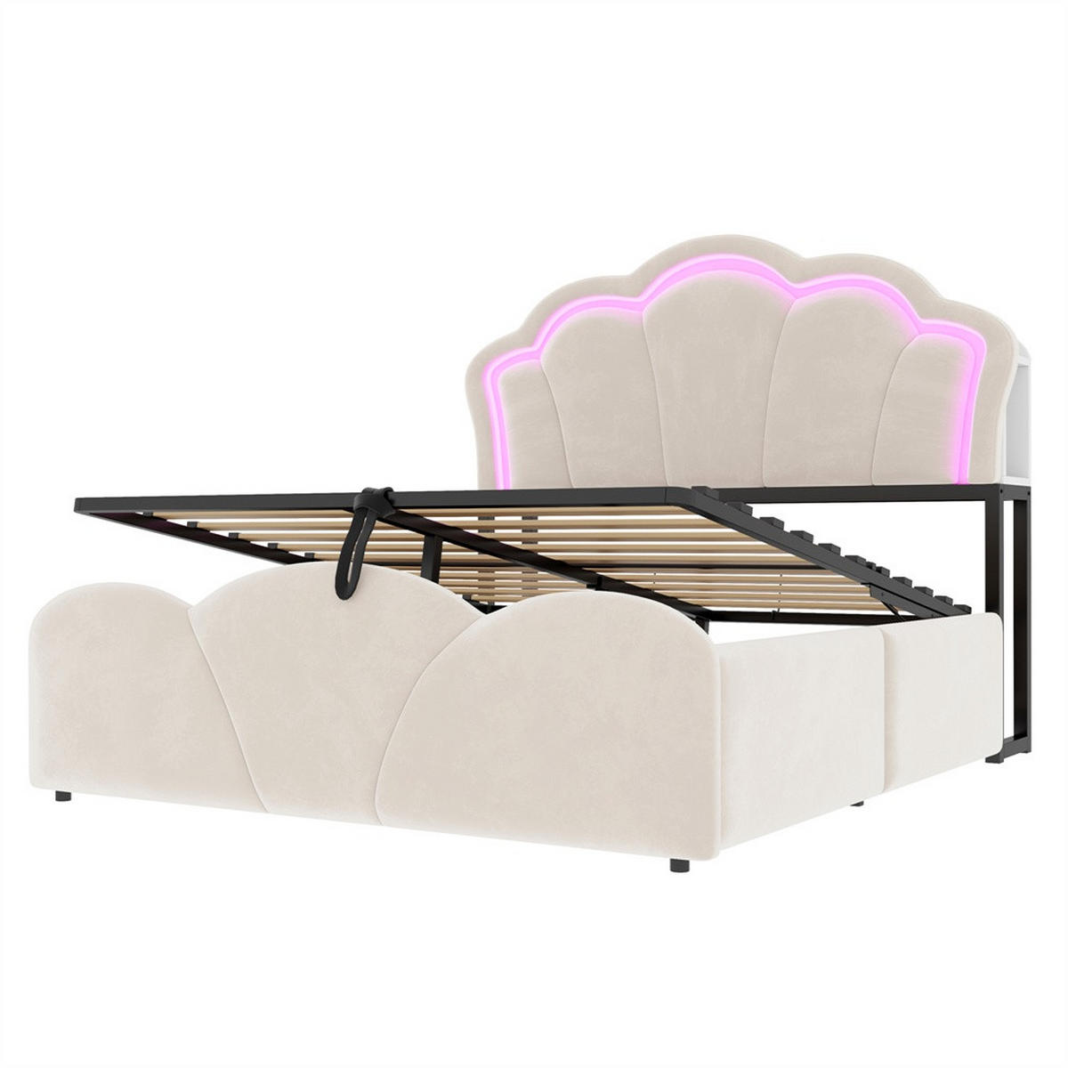 POLSTERBETT 140x200 cm mit hydraulischem Stauraum - LED Beleuchtung & Ladeanschluss - Beige - ohne Matratze - Beige, Textil (140/200cm) - DELFA