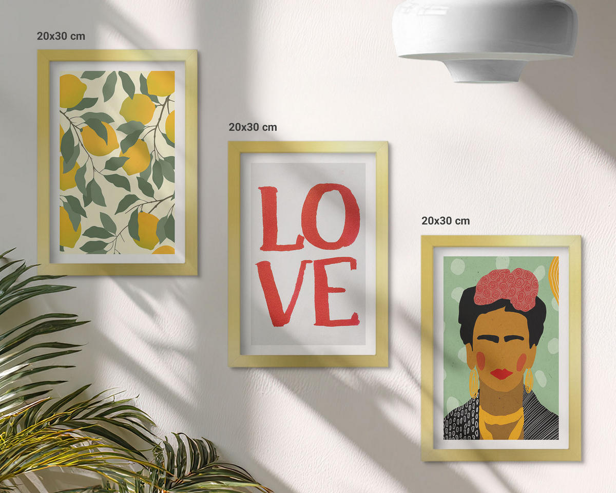 WANDBILDER 3er Set - 20x30 cm Goldrahmen - Lemons LOVE Porträt von Frida - Goldfarben, Kunststoff (20/30cm) - ArtPrintCave