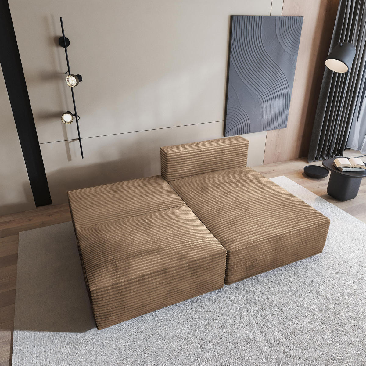 ECKSOFA FIORO Beige Kordstoff mit Schlaffunktion - Beige, Holz (204/148cm) - MASSENO