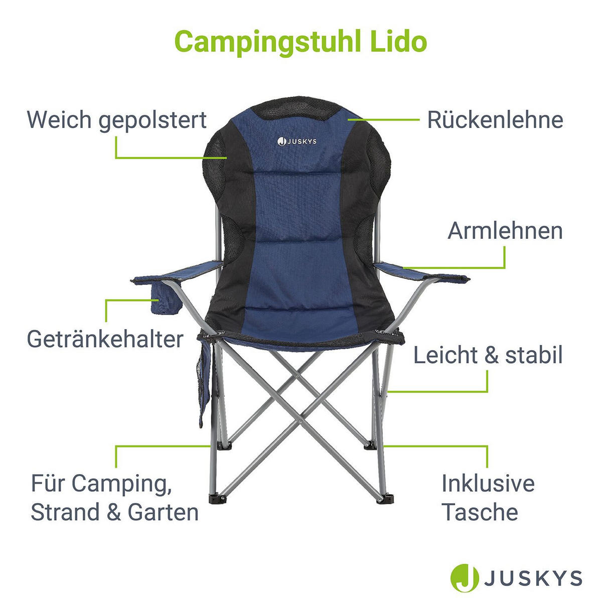 CAMPINGSTUHL Lido dunkelblau mit Flaschenhalterung & Tragetasche - Blau, Textil (62/102/62cm) - Juskys