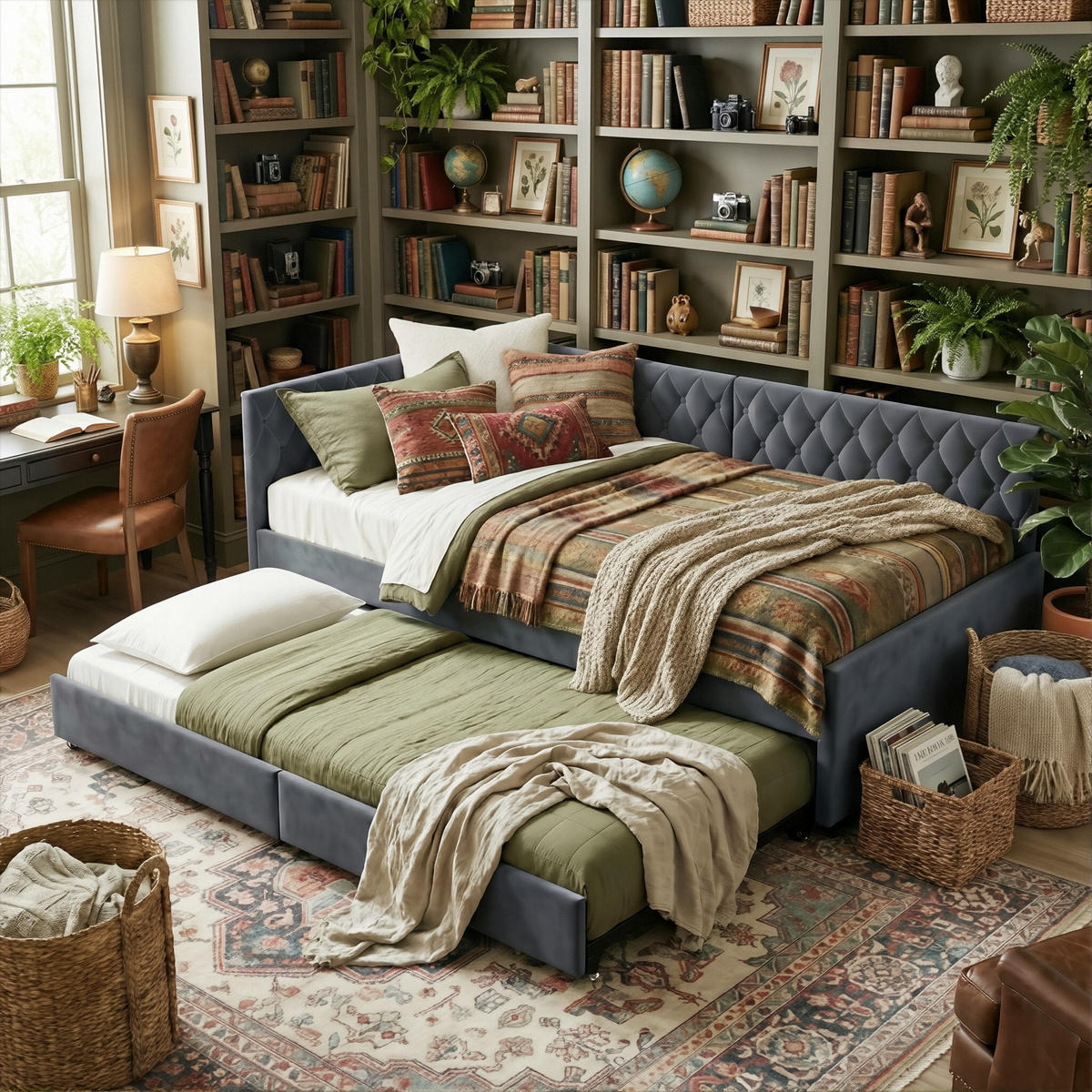 POLSTERBETT Tagesbett 90/200 cm mit Ausziehbarer Tandemliege Samtoptik Grau - Grau, Textil (90/200cm) - Creahappy