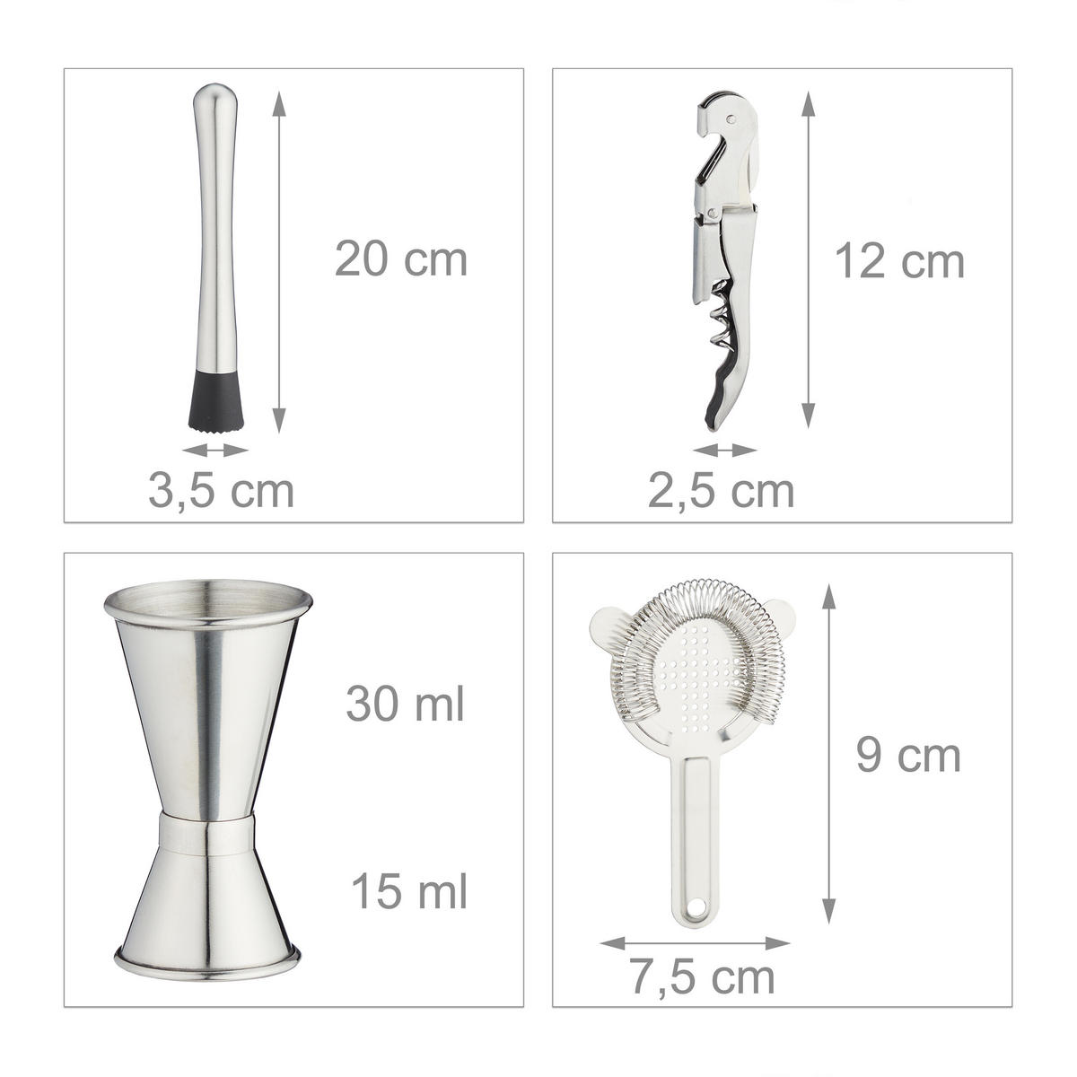 KOKTAILOVÁ súprava - strieborná, kov/drevo (32/26/10.5cm) - Relaxdays