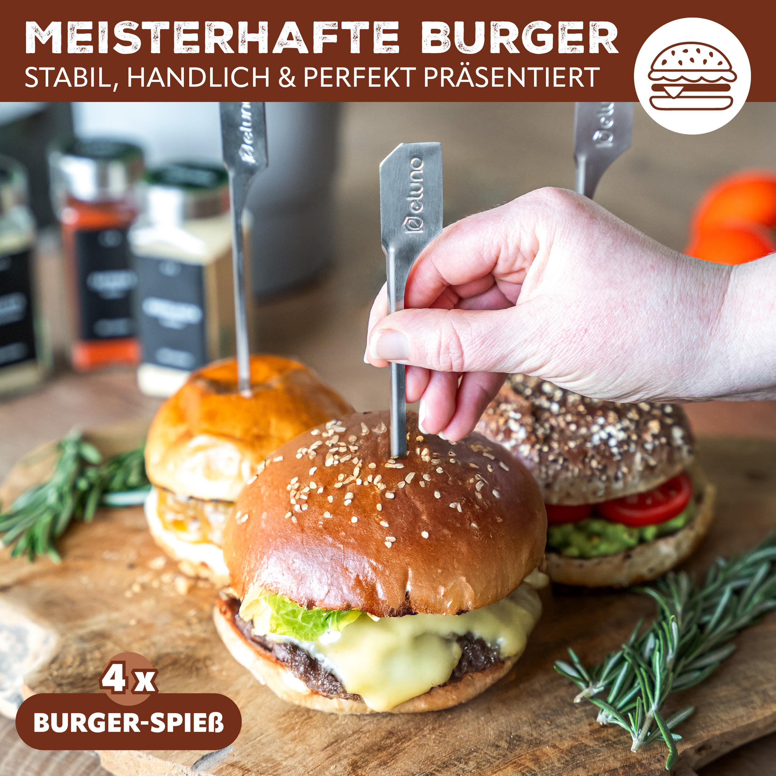 BURGERSPIESSE 4tlg. - Edelstahlfarben, Metall (0.6/0.3/19cm) - eluno