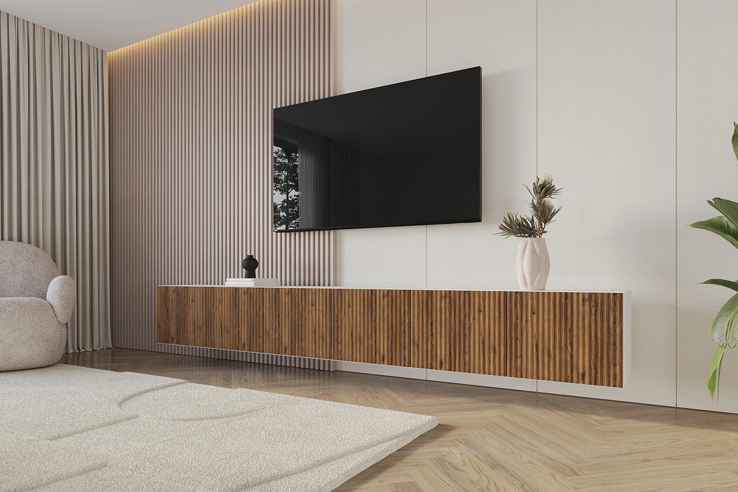 LOWBOARD NOA-2-W 3x100x40x41 cm - Weiß / Katania - Eiche Wotan, Holzwerkstoff (300/40/41cm) - ALTDECOR