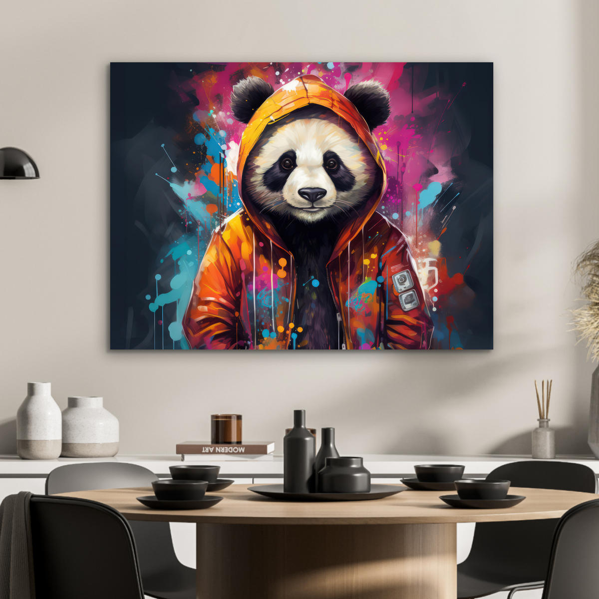 METALLBILD Panda - Jacke - Graffiti - Orange 80x60 cm - Orange, Metall (80/60cm) - MuchoWow