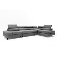 ECKSOFA PRIAM MAXI L-Form mit Schlaffunktion & Bettkasten, 6-Sitzer, 350cm, Verstellbare Kopfstützen, Ottomane Rechts - Grau, Holz/Textil (350/203cm) - Muffo