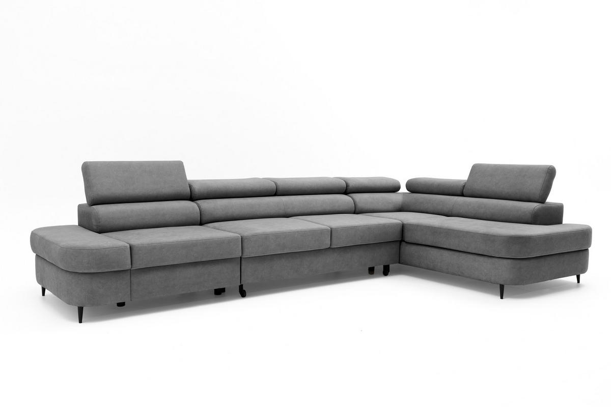 ECKSOFA PRIAM MAXI L-Form mit Schlaffunktion & Bettkasten, 6-Sitzer, 350cm, Verstellbare Kopfstützen, Ottomane Rechts - Grau, Holz/Textil (350/203cm) - Muffo