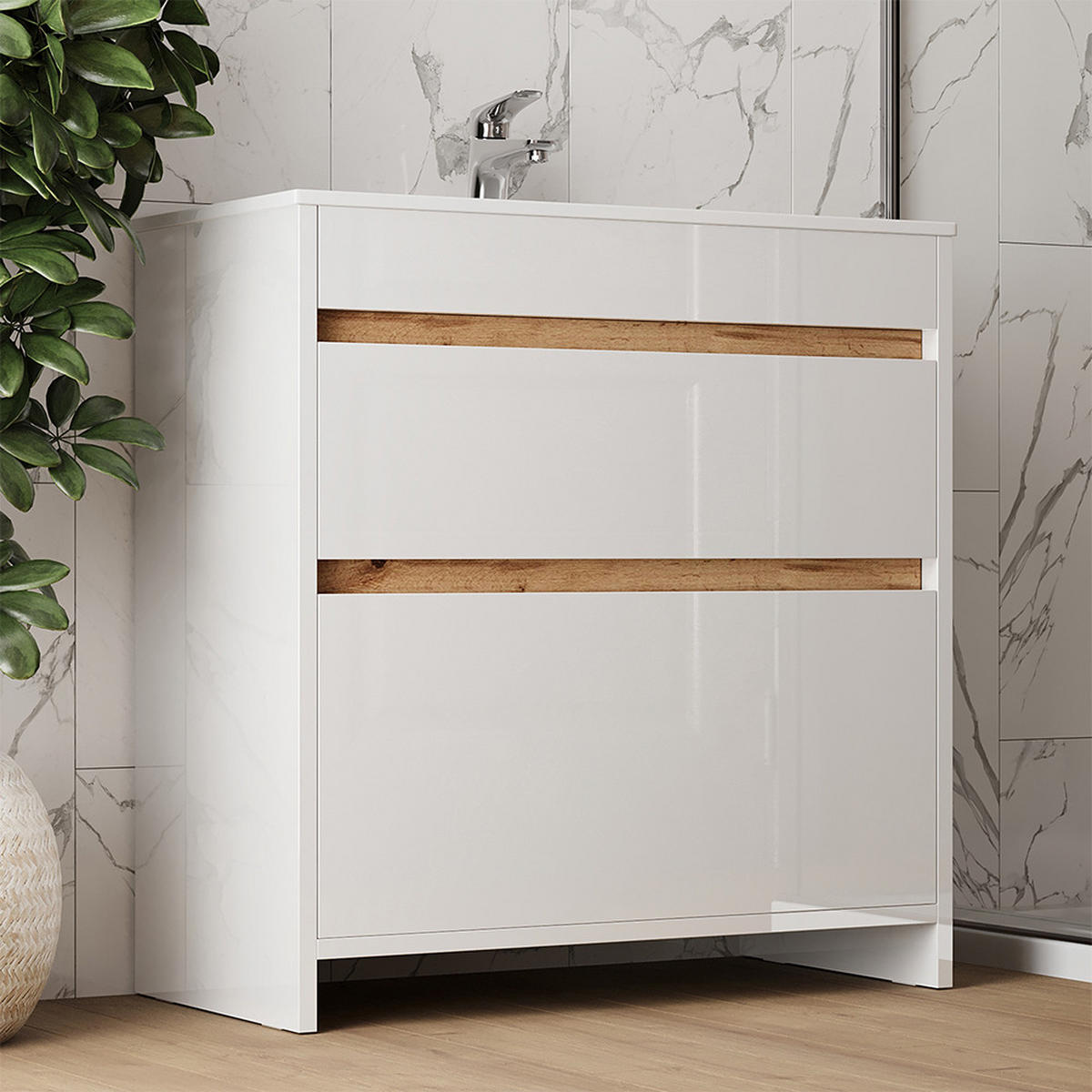WASCHTISCHKOMBI Detmold, Weiß, 2 Teile, Unterschrank 80 cm - Weiß Hochglanz/Eiche Wotan, Holzwerkstoff (79.8/81.9/40cm) - Vicco