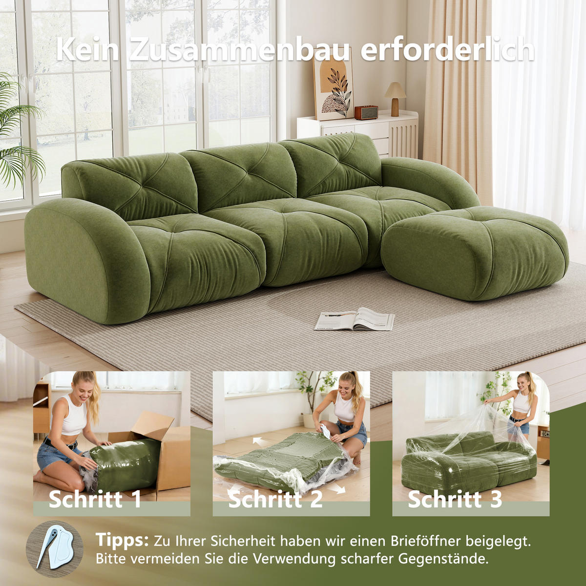 3-SITZER ECKSOFA Chenille Grün mit Hocker - Grün, Textil (281/171cm) - WISHDOR