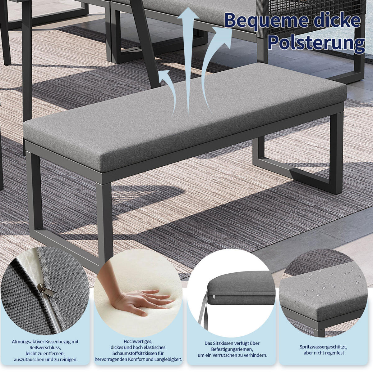 GARTENMÖBEL-SET mit Tisch 110/60/71 cm grau aus PE-Rattan mit Kissen - Grau, Metall - OKWISH