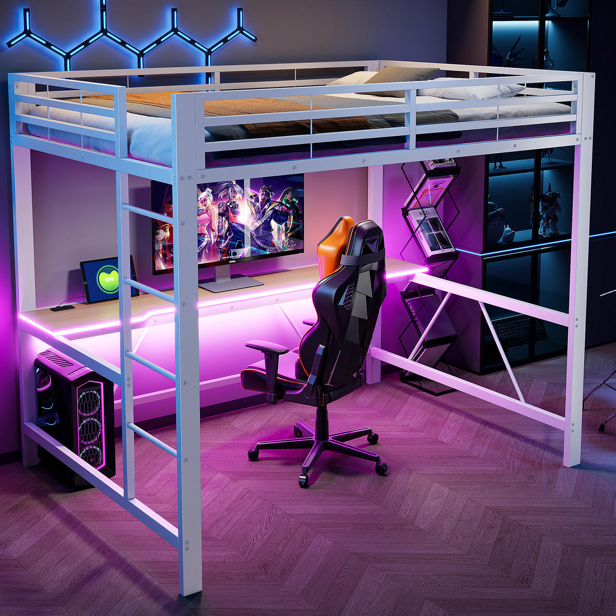 HOCHBETT 140/200 cm in Weiß mit Schreibtisch, LED und USB - Weiß, Holzwerkstoff/Metall (140/200cm) - WISHDOR