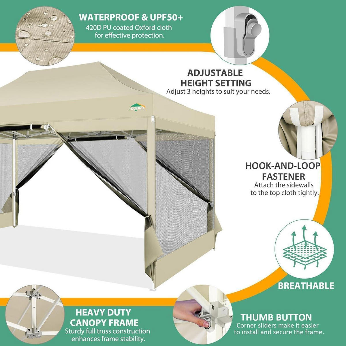 FALTPAVILLON 3 x 4.5 m Wasserdicht mit 4 Netzseitenwänden Khaki - Beige, Textil (300/336/450cm)