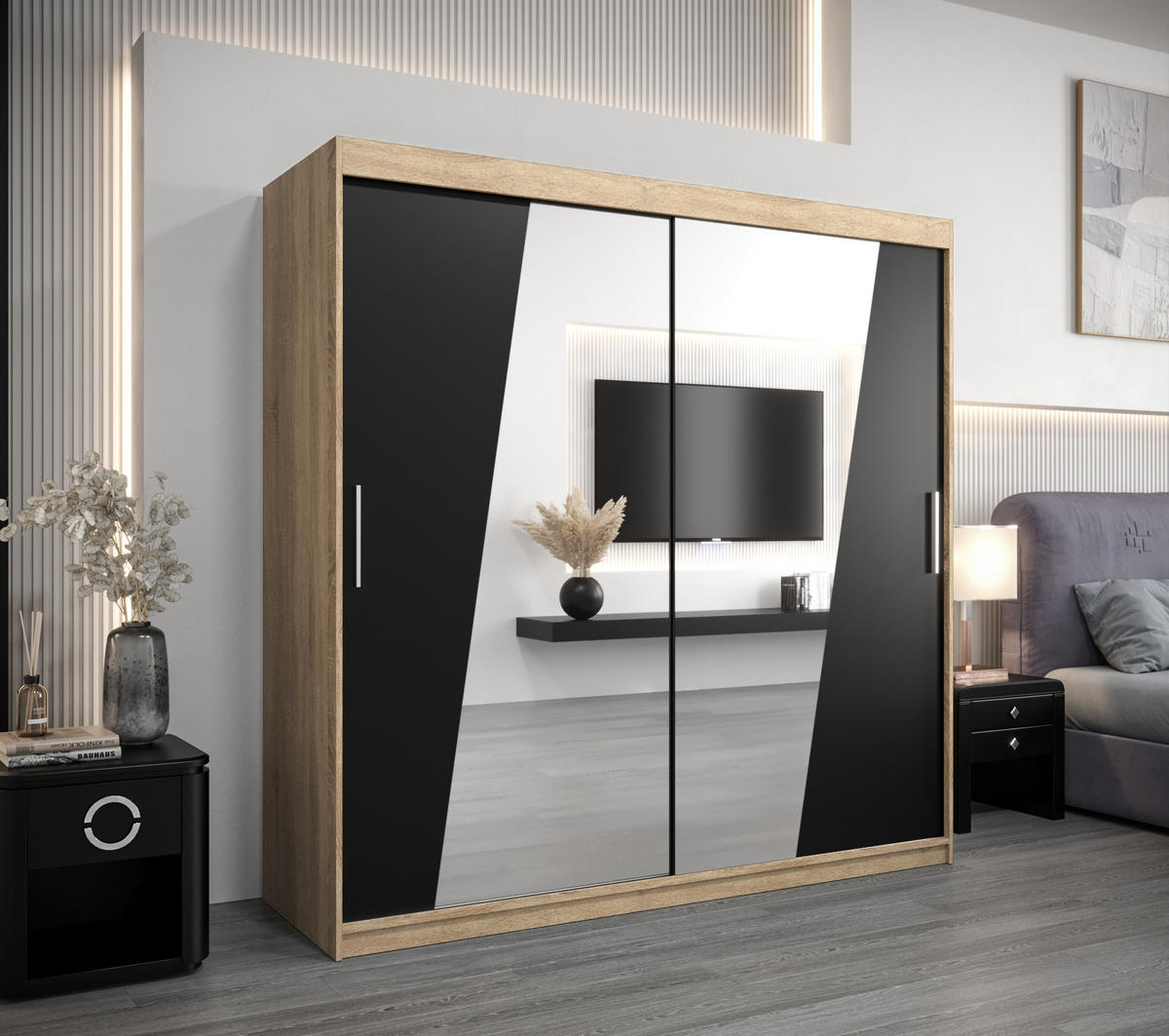 SCHWEBETÜRENSCHRANK 200/200/62 2-türig - Silberfarben/Schwarz, Holz/Kunststoff (200/200/62cm) - Abiks Möbel