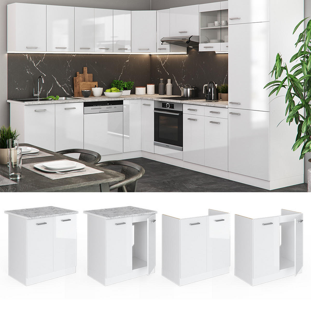 SPÜLENUNTERSCHRANK R-Line Weiß Hochglanz 80 cm ohne AP - Weiß Hochglanz/Weiß, Holzwerkstoff (80/81.6/46cm) - Vicco