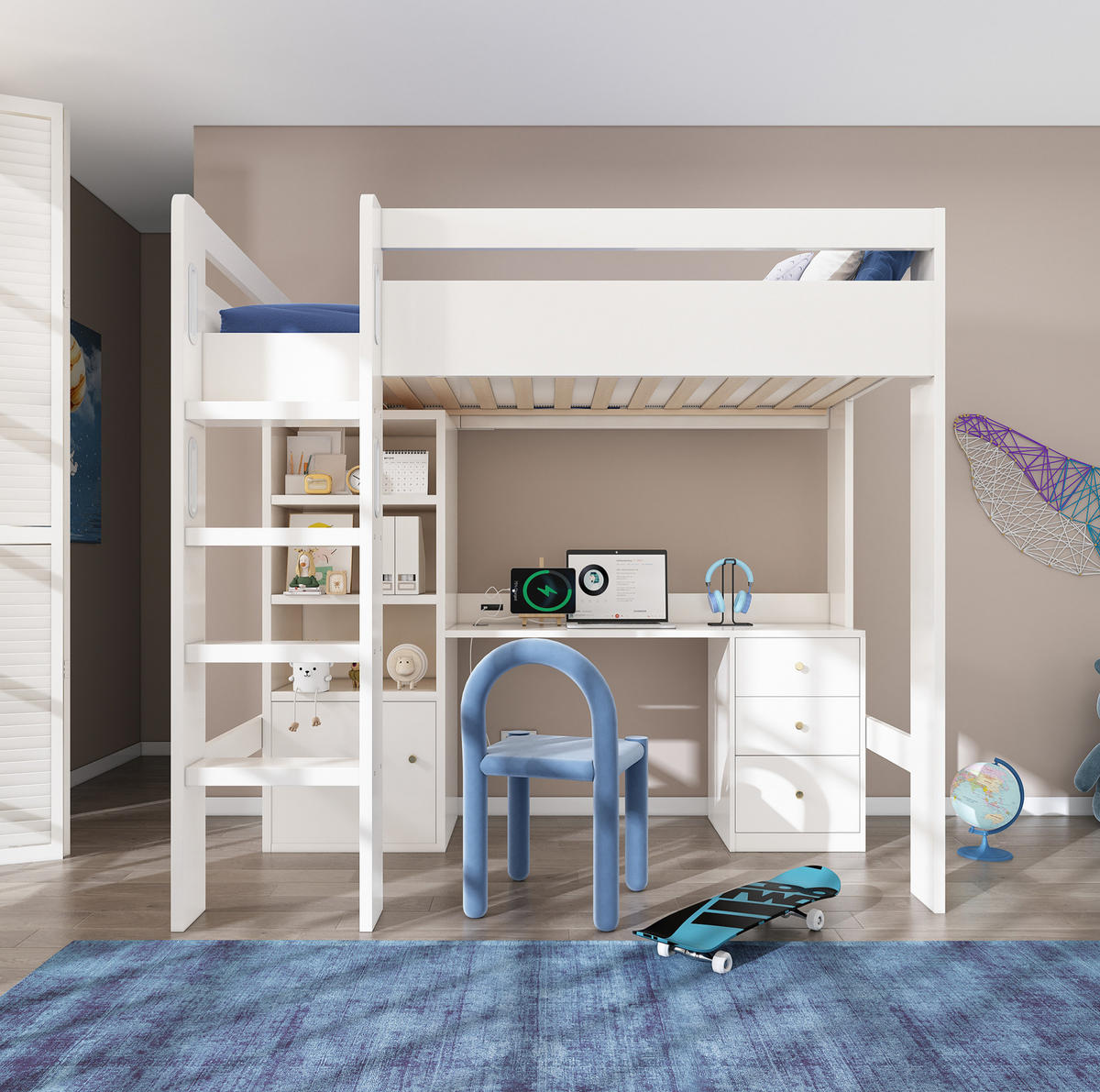 HOCHBETT 90/200 cm in Weiß mit Schreibtisch, Stauraum und USB- und Type-C-Anschlüssen - Weiß, Holzwerkstoff (90/200cm) - Flora Grace
