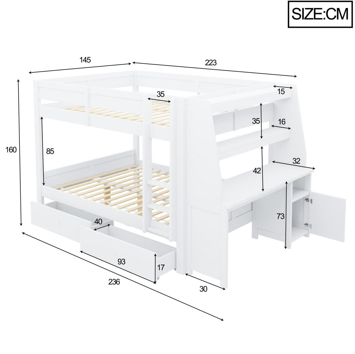 ETAGENBETT aus Kiefernholz, Metall, Sperrholz und MDF 140x200 cm Weiß mit Schreibtisch, Stauraum und Schubladen - Weiß, Holz (140/200cm) - Modfu