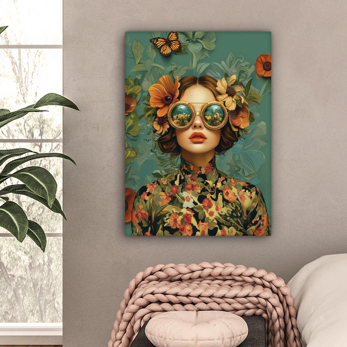 LEINWANDBILD Frau - Blumen - Schmetterlinge - Natur - Vintage Wandbild Wohnzimmer 60x80 cm - Salbeigrün, Textil (60/80cm) - MuchoWow