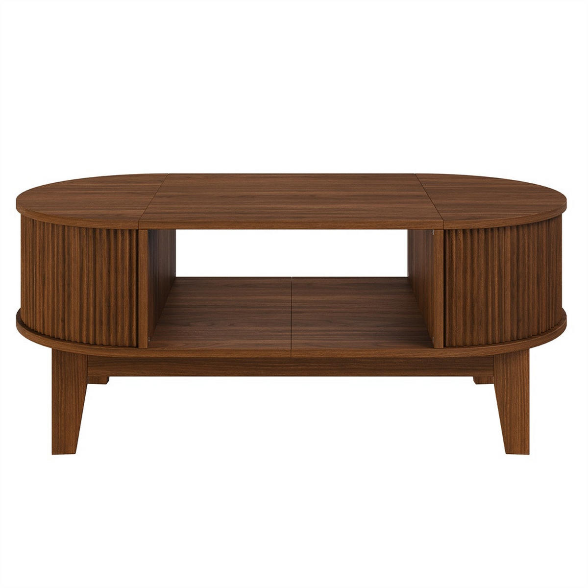 COUCHTISCH oval in Rillenoptik - Wohnzimmertisch mit verstecktem Staufach und offenen Regalen - Walnuss-Optik - Nussbaumfarben, Holzwerkstoff (100/50/40.5cm) - DELFA