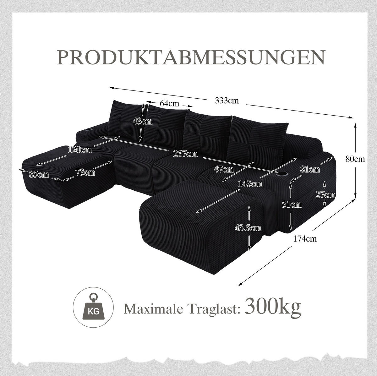 WOHNLANDSCHAFT modular 4-Sitzer ca. 333 x 174 cm Cordstoff Black 3-tlg. - Schwarz, Kunststoff (174/80/333cm) - Meubliv