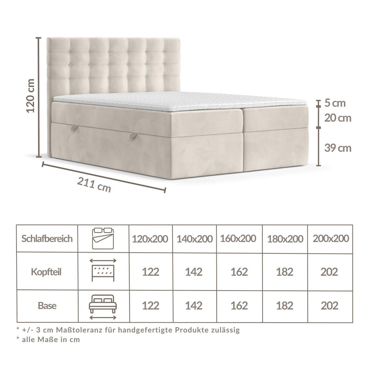 BOXBETT Sansa Hellbeige 120/200 cm mit Taschenmatratze und Topper - Beige/Schwarz, Holz/Holzwerkstoff (120/200cm) - Maison de Reve