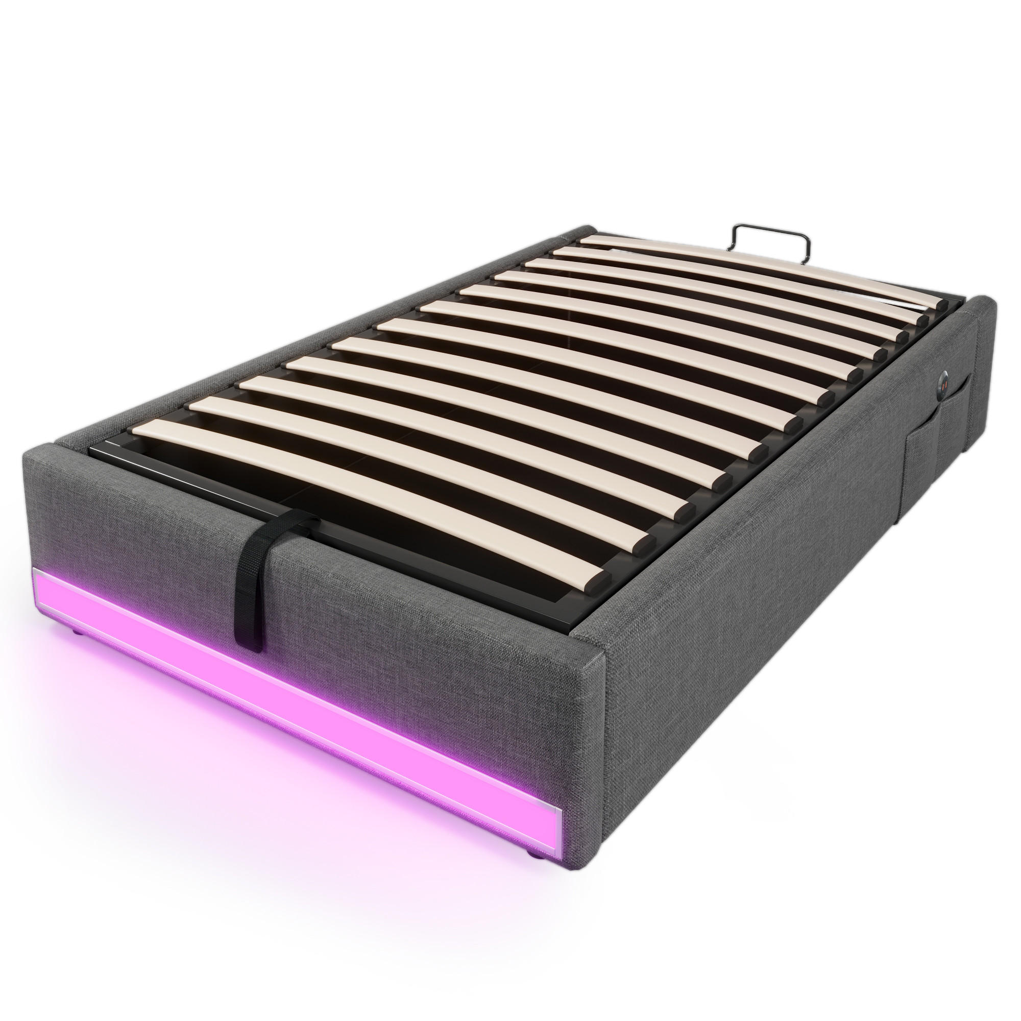STAURRAUMBETT 90/200 cm DE-03273, mit LED und Hydraulik (ohne Kopfteil), in Grau - Grau, Holzwerkstoff (90/200cm) - ComfortXL