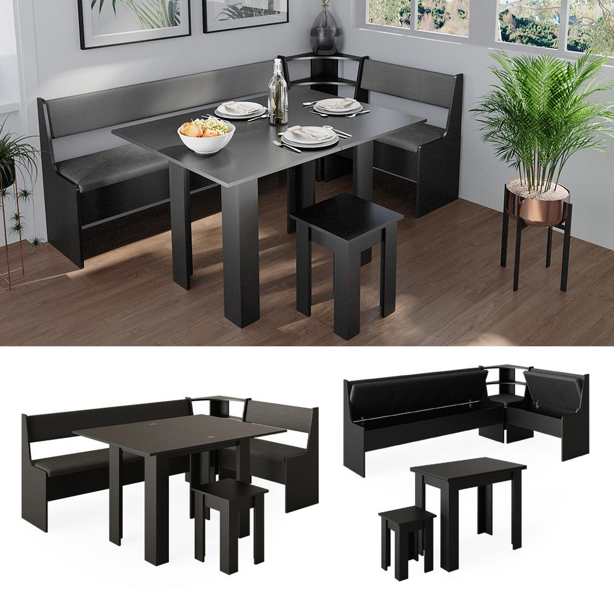ECKBANKGRUPPE Roman Schwarz 120 x 41.5 cm mit Tisch - Silberfarben/Schwarz, Holzwerkstoff (210/80/120cm) - Vicco