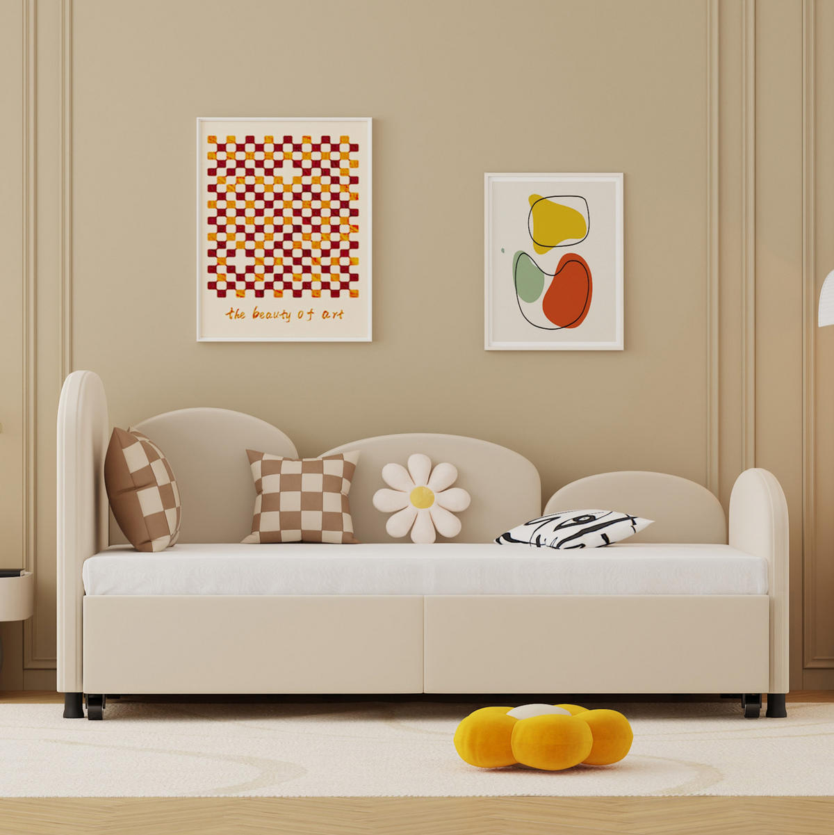 POLSTERBETT 90/200 cm in Beige aus Samt mit Schublade und Blumenform - Beige, Textil (90/200cm) - Flora Grace