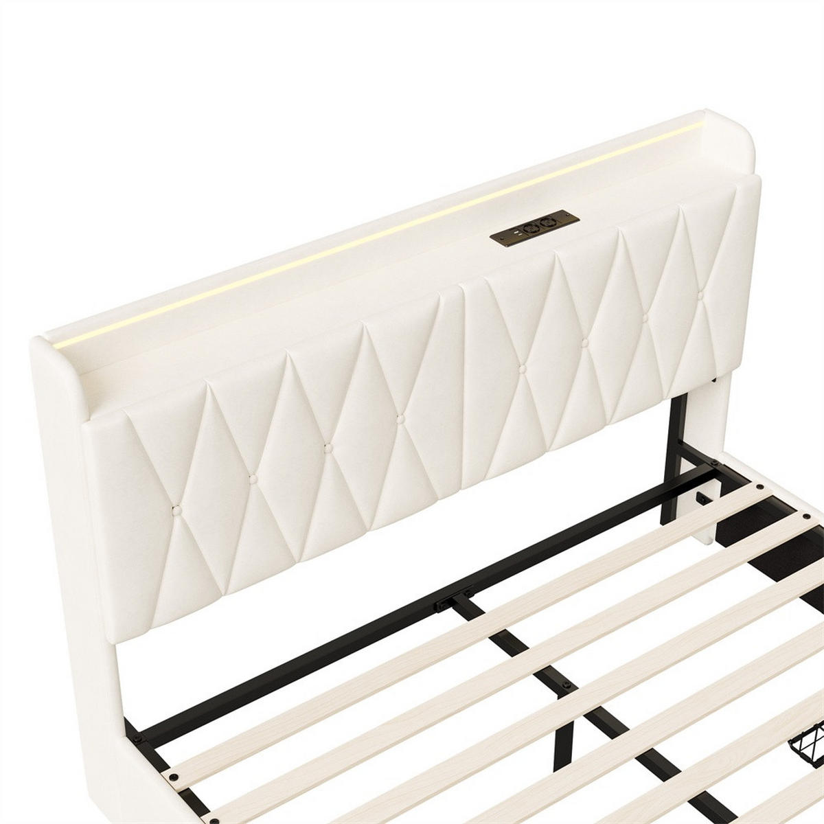 POLSTERBETT 140x200 cm mit aufklappbarem Stauraumkopfteil - 3 Schubladen und LED-Beleuchtung - ohne Matratze - Beige - Beige, Textil (140/200cm) - DELFA