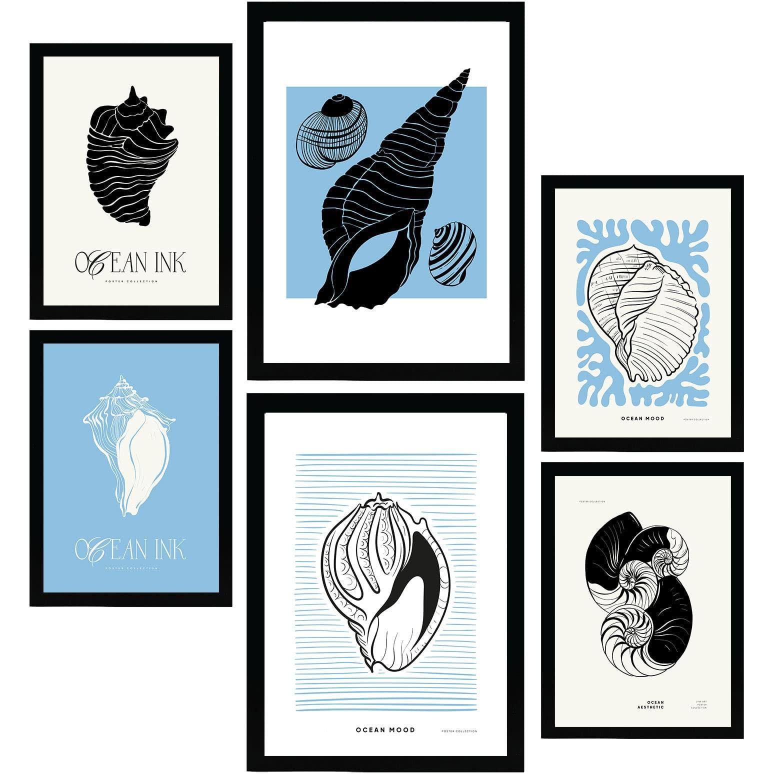 POSTER Set Mit 6 In Schwarzer Tinte Meeresschnecken Kunstdrucke Von Meer Und Ozean Für Innenarchitektur A3 & A4 Schwarzer Rahmen - Schwarz, Papier (29/3cm) - Nacnic