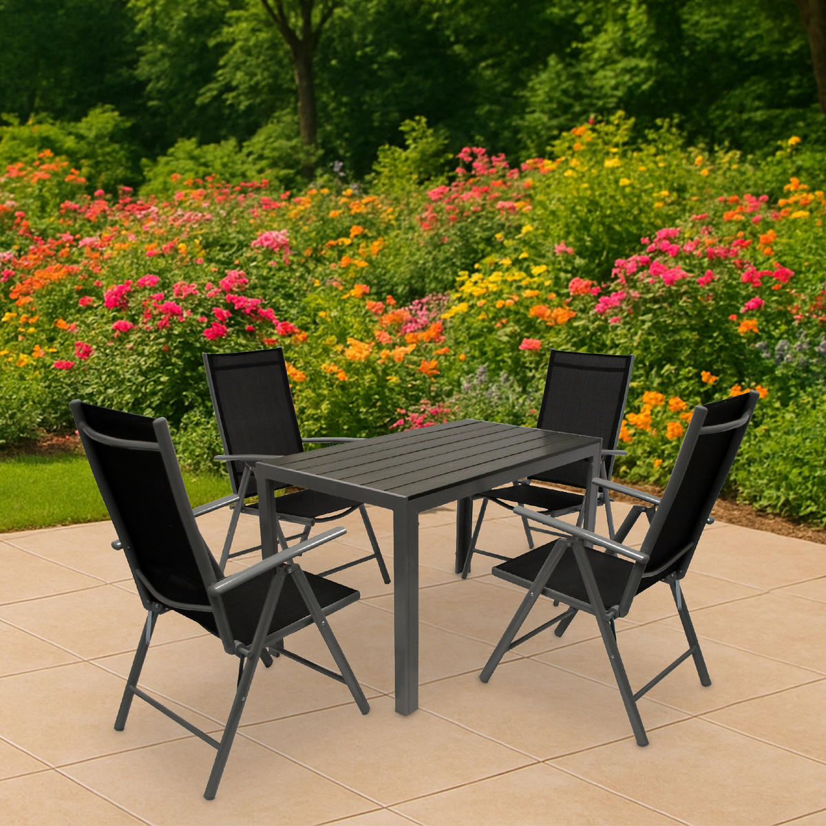 GARTEN-GARNITUR Ashford - 5-tlg. (4x Klappsessel mit Armlehnen, 1x Tisch 125x70cm), Gestelle aus Aluminium grau - Schwarz, Metall - TPFGarden