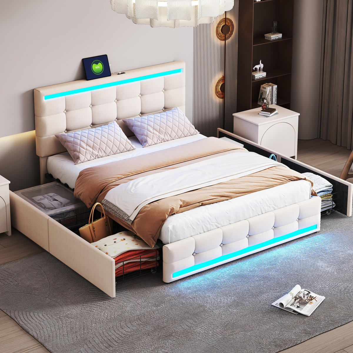 ČALÚNENÁ posteľ 140/200 cm béžová, čalúnená s LED osvetlením, 4 zásuvky a USB - béžová, textil (140/200cm) - BEAOK
