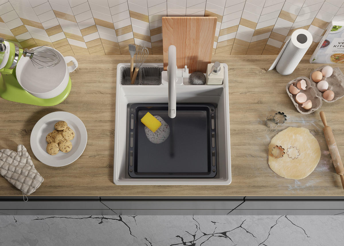 GRANITSPÜLE New York, 2-er set Weiß 48/53 cm 1 Becken + Küchenarmatur 38/14 cm + Ablauf-Set + Küchenzubehörset ab 50er Unterschrank - Chromfarben/Beige, Kunststoff (48/20/53cm) - Primagran