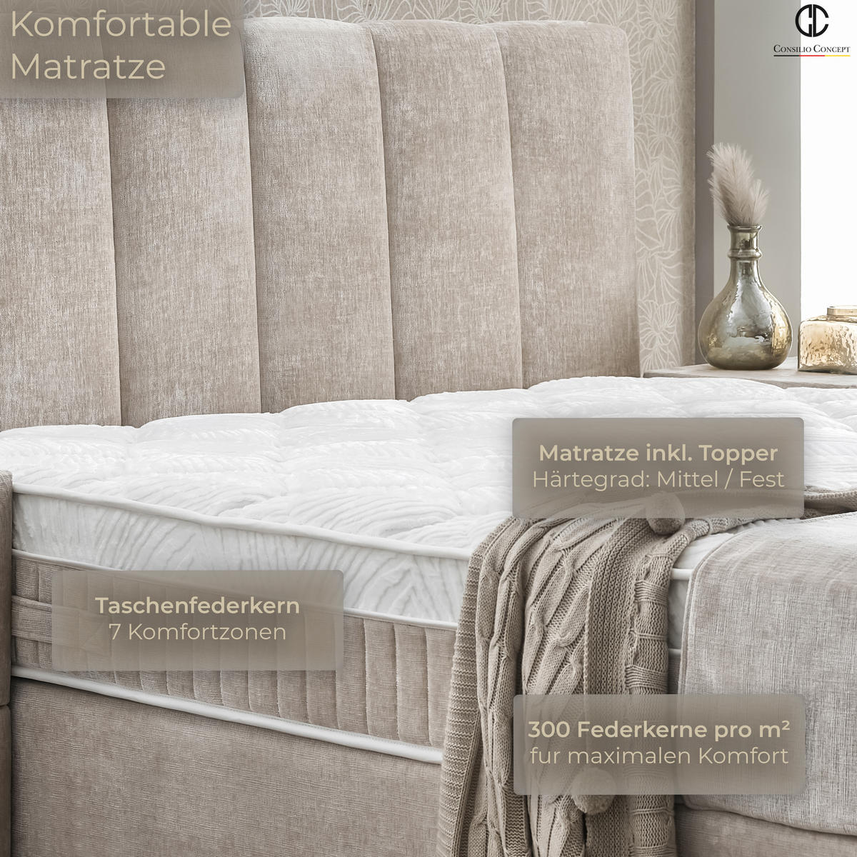 BOXSPRINGBETT MIT BETTKASTEN LISBOA 180/200 cm, Taupe, Bettkasten, Matratze, Topper integriert, H3 mittel - Taupe/Schwarz, Holz/Kunststoff (180/200cm) - Consilio Concept