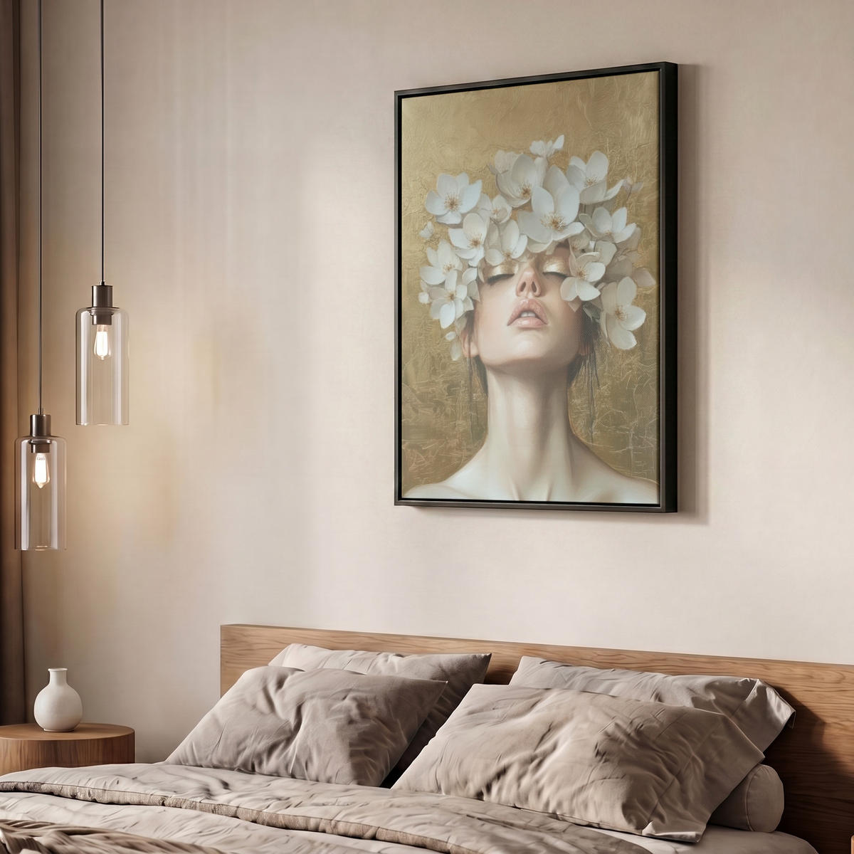 LEINWAND Bilder mit Rahmen - Gesicht - Blumen - Gold - Abstrakt - 50x70 - Goldfarben, Textil (50/70cm) - MuchoWow