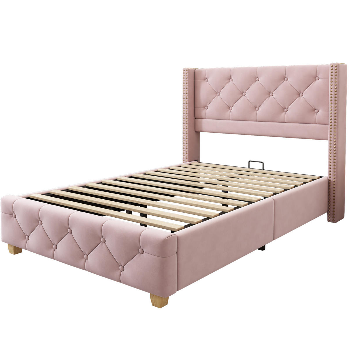 POLSTERBETT 90/200 cm mit Lattenrost, Knopfheftung & Nieten-Details, Rosa - Rosa, Textil (90/200cm) - Redom