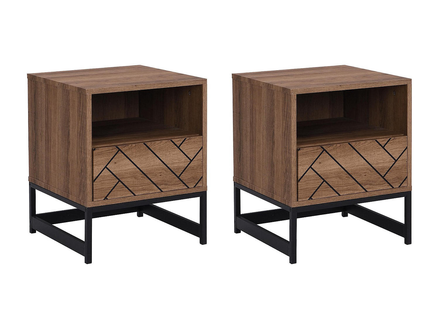 2ER-SET Nachttische mit 1 Schublade & 1 Ablage - MDF & Stahl - Holzfarben & Schwarz - CARATANA - Naturfarben, Holz (40/50/40cm) - Vente-Unique