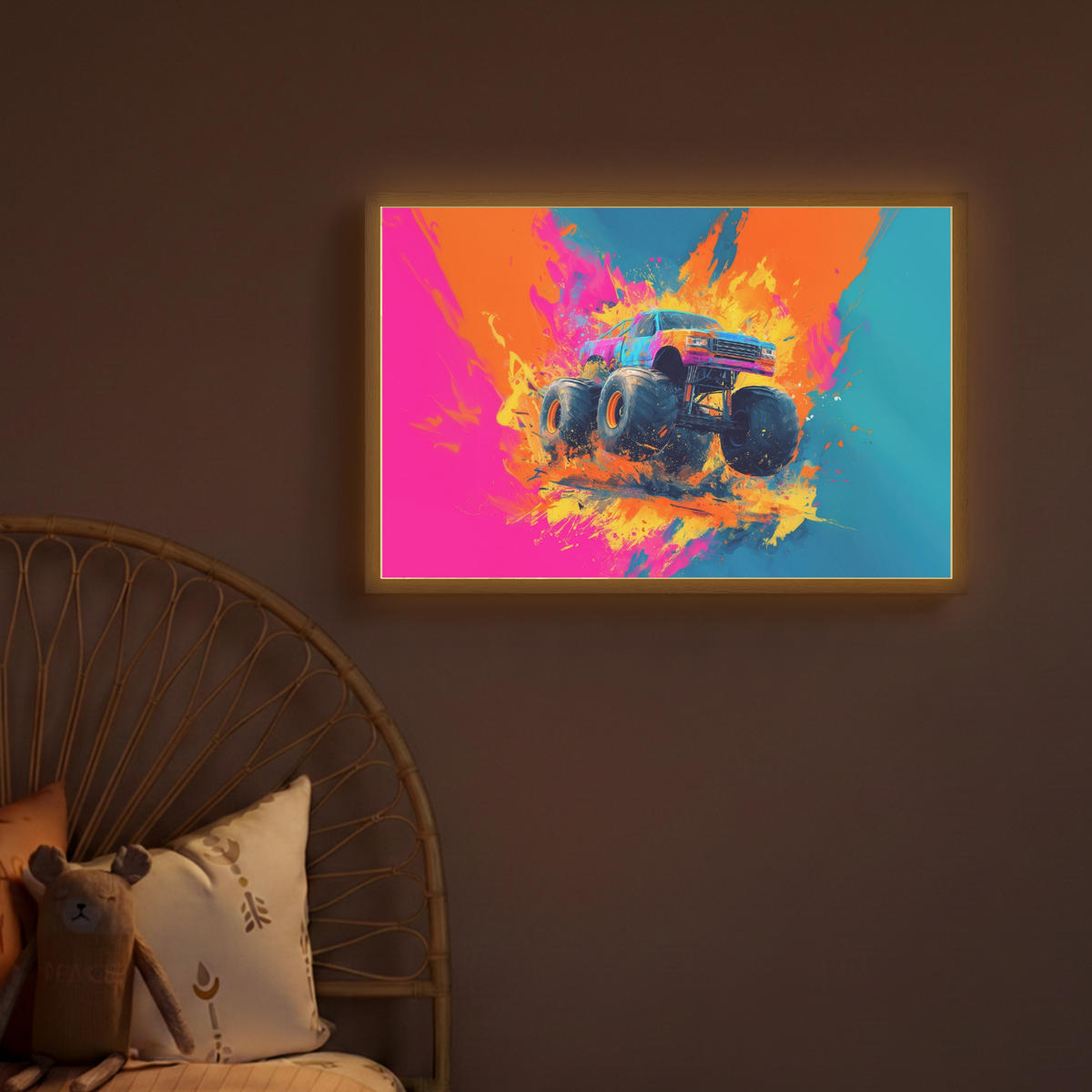 NÁSTĚNNÁ LAMPA S AKUMULÁTOREM Monster truck - Abstraktní - Stříkající barva - Barevné 60x40 cm - růžová, kompozitní dřevo (60/40/8cm) - OnlyWow