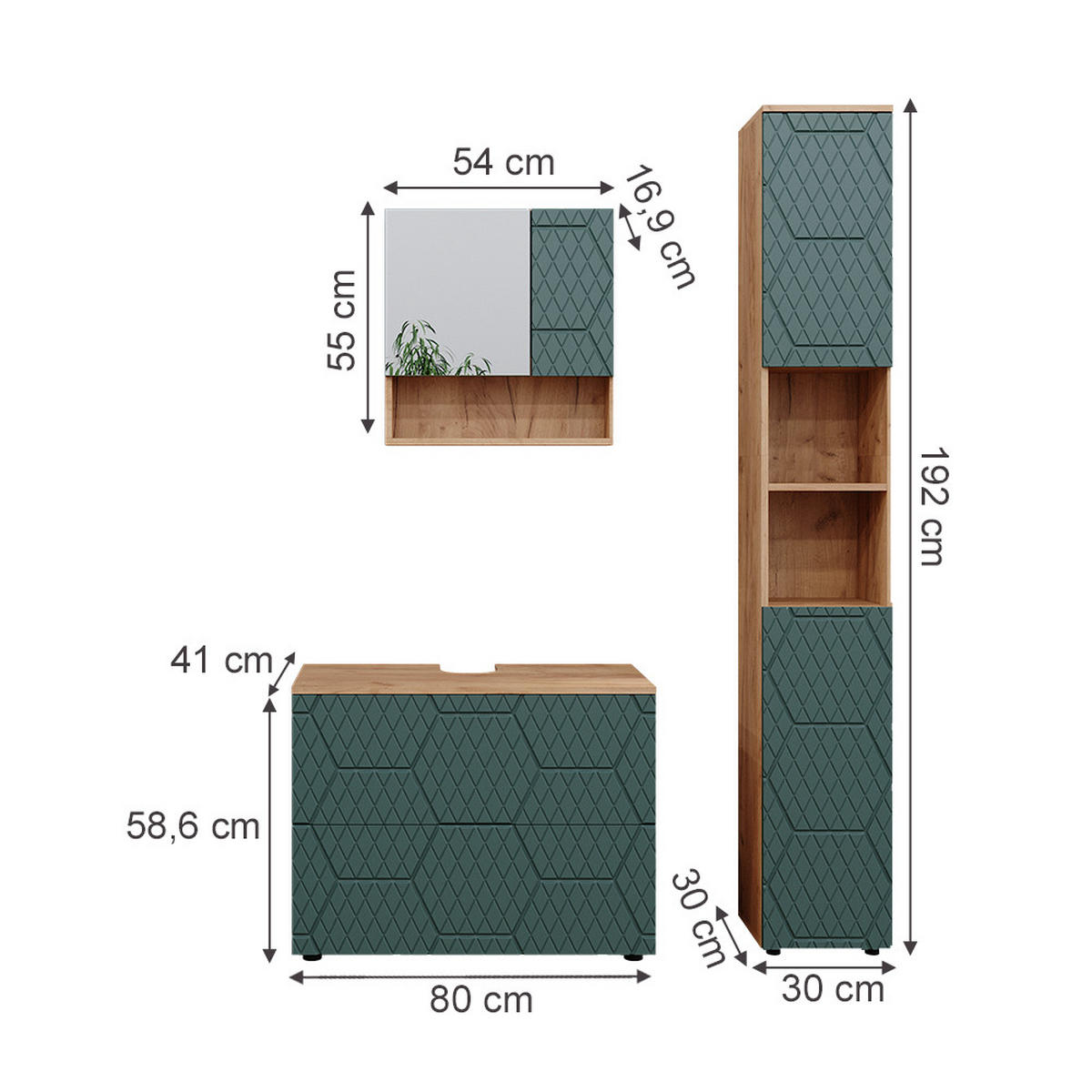 BADMÖBEL-SET Irma Grün 3 Teile, mit Schubladenschrank und Hochschrank - Honigeiche/Grün, Holzwerkstoff (80/58.6/41cm) - Vicco