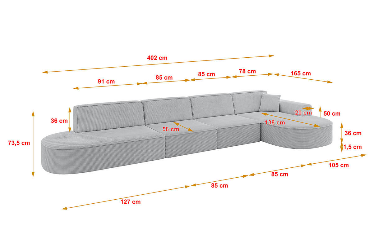 ECKSOFA Ottomane Rechts MARI-L3 - 402x163x73,5 cm Grau Cord - Schwarz/Grau, Holzwerkstoff/Kunststoff (402/163cm) - ALTDECOR