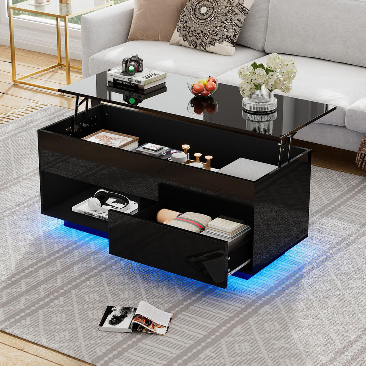 COUCHTISCH 100x50cm Schwarz Hochglanz LED Hydraulik Lift Mehrstufiger Raum - Schwarz, Holz (65.41/62.23/14.61cm) - FLIEKS