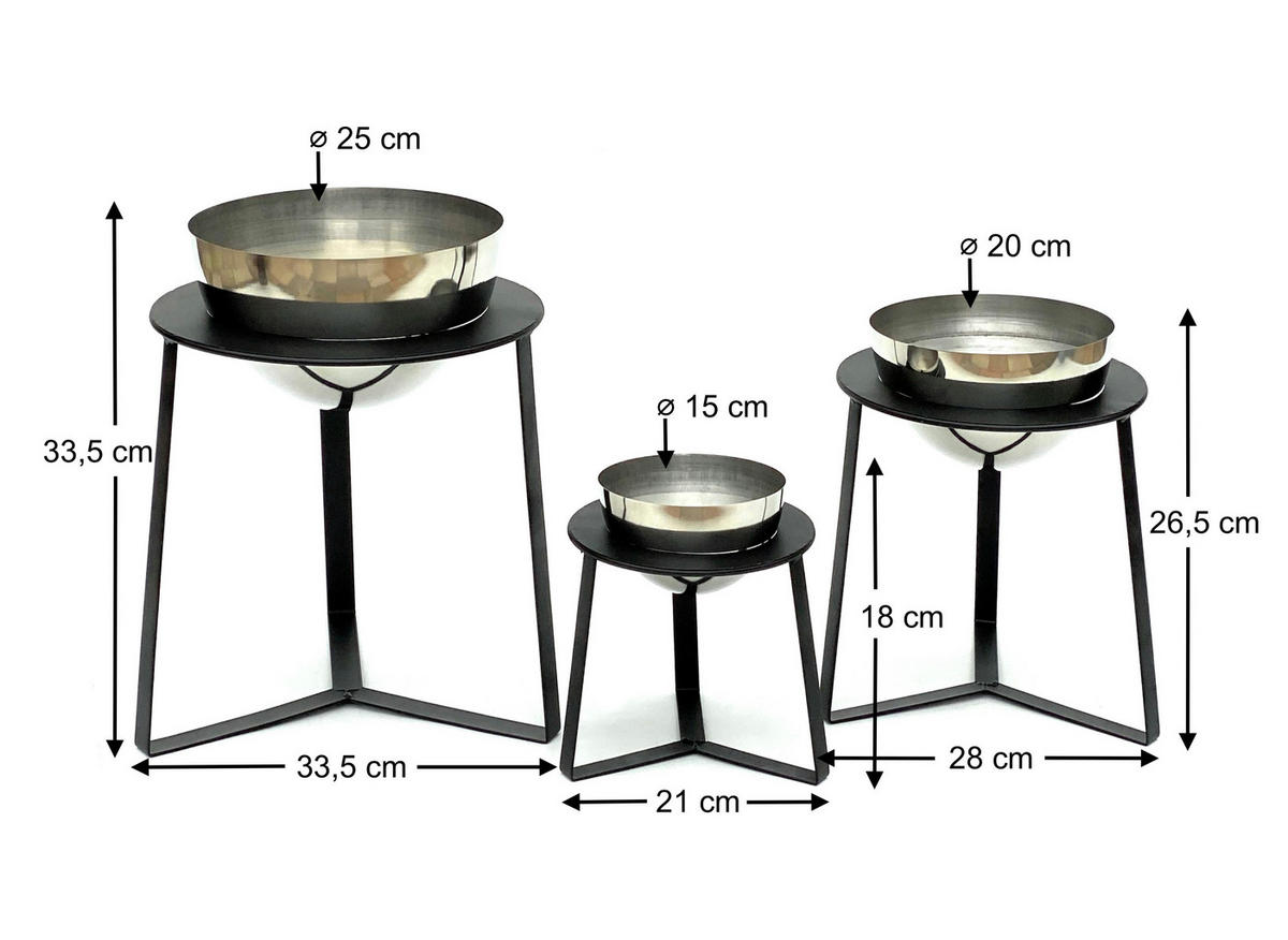 BLUMENHOCKER mit Topf 3er Set Metall Schwarz/Silber 18-33,5 cm - Schwarz, Metall (33.5/33.5/36.5cm) - DanDiBo