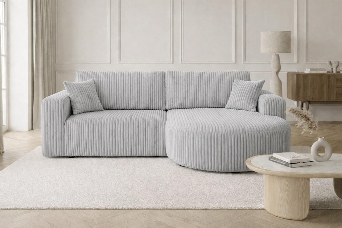 ECKSOFA Mit Schlaffunktion, Cordstoff Tilia, Grau, Rechts, ROUND ONE - Grau, Holz (244/175cm) - Kaiser Möbel