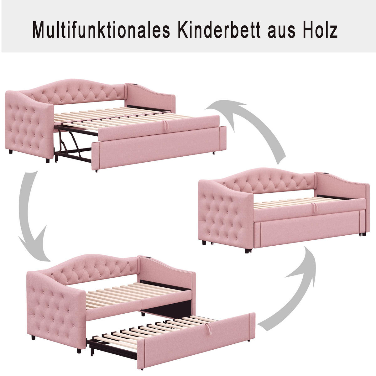 SCHLAFSOFA 90/200 cm in Rosa Leinen mit USB und Ausziehfunktion - Rosa, Holzwerkstoff/Textil (90/200cm) - WISHDOR