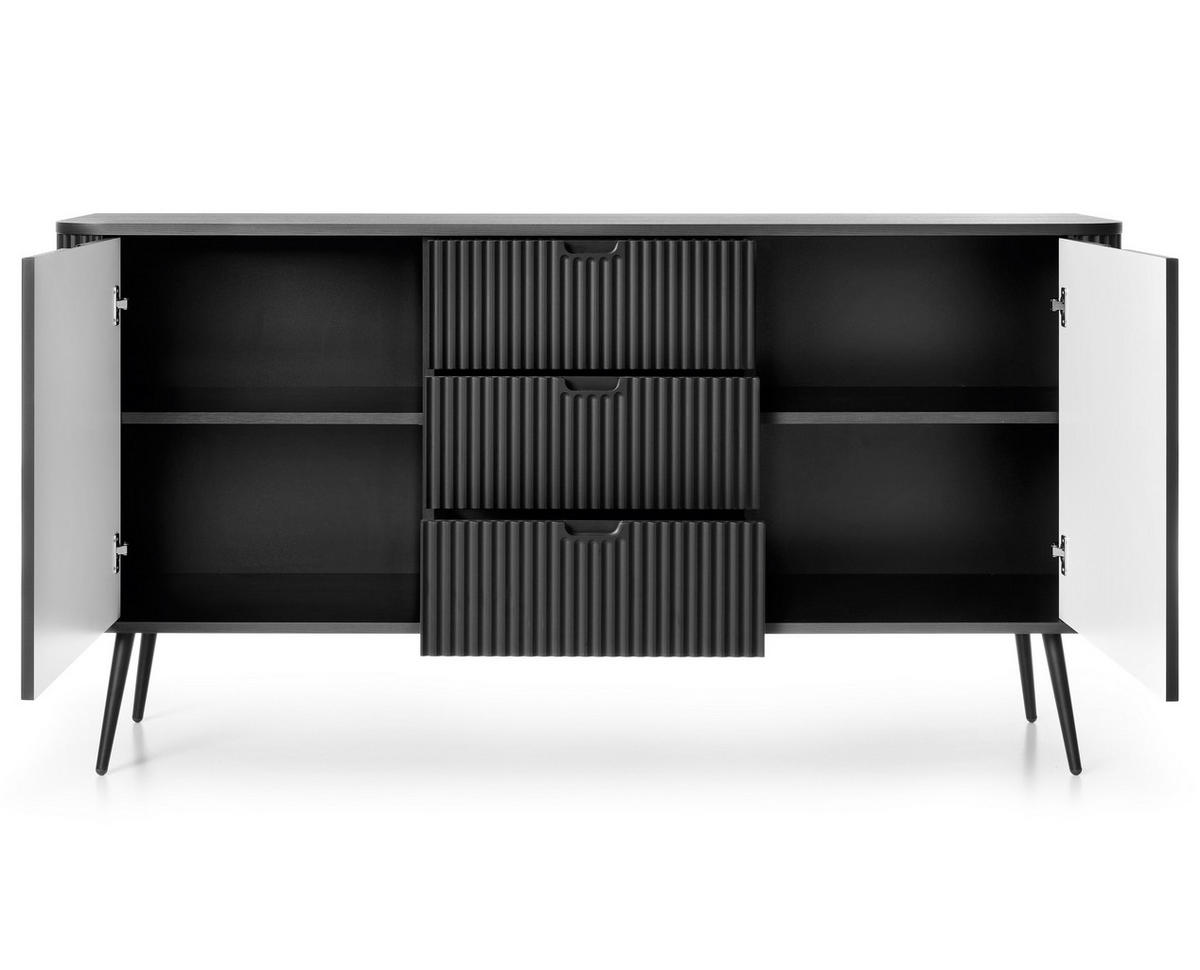 SIDEBOARD Salvia 2T 3S Schwarz 168/87/39 cm – mit geriffelten Fronten und hohen Beinen - Schwarz, Holzwerkstoff/Metall (168/87/39cm) - AX Living