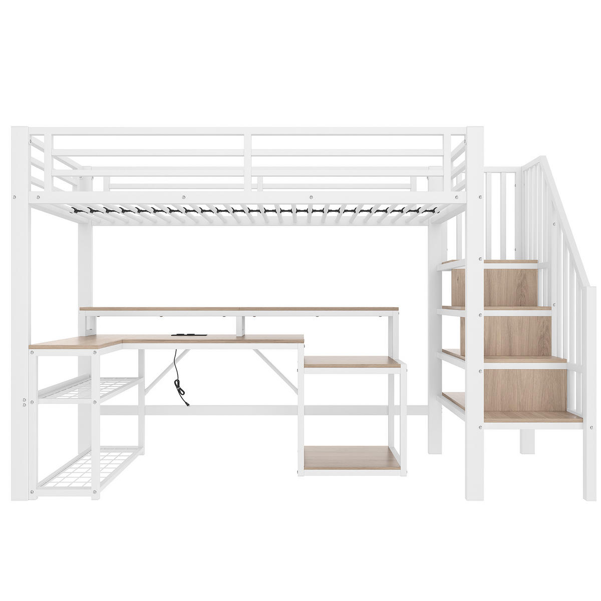 HOCHBETT 90/200 cm in Weiß mit LED-Beleuchtung, Schreibtisch und USB-Anschluss - Weiß, Metall (90/200cm) - Flora Grace
